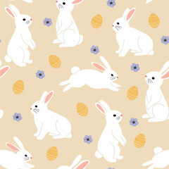 Cute seamless pattern with rabbits,flowers and eggs. Easter background. Good for printing and wrapping.
