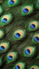 Obraz premium Captivating close-up of peacock tail feathers displaying a stunning array of colors and patterns in macro photography