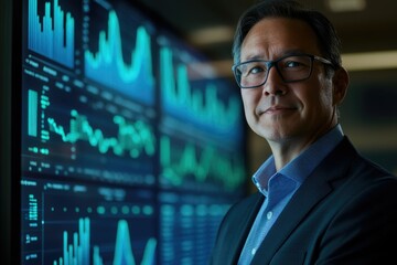 A confident businessman stands before a wall of financial data screens, showcasing success and market analysis.
