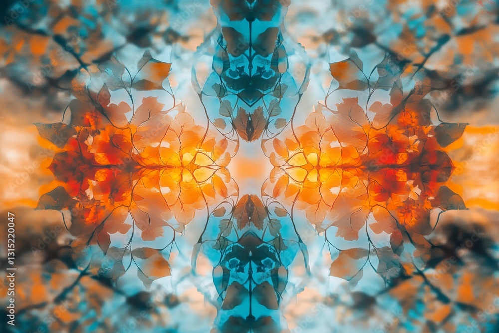 Poster this abstract artwork features a symmetrical pattern of orange and blue hues blending through leaves