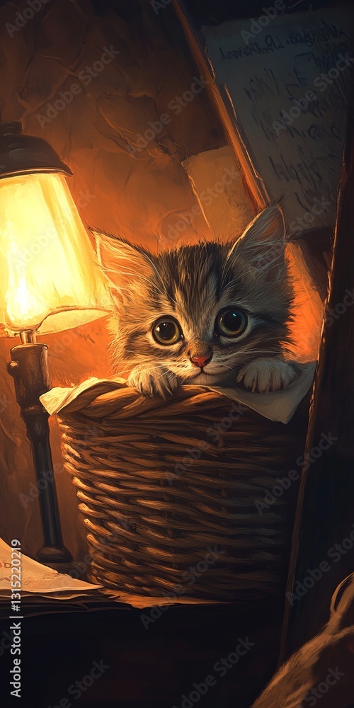 Poster a kitten is sitting in a basket by a lamp. the kitten is looking at the camera with a curious expres