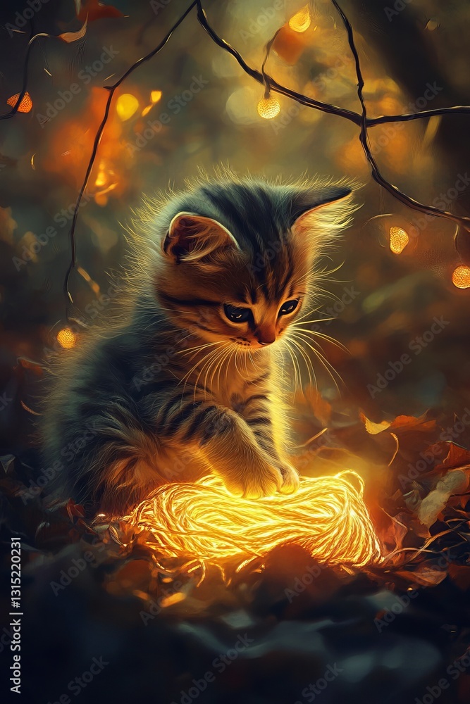Poster a kitten is sitting on a pile of leaves and playing with a string. the image has a warm and playful 