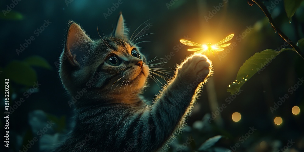 Poster a cat is holding a dragonfly in its paw. the image has a whimsical and playful mood, as the cat is d