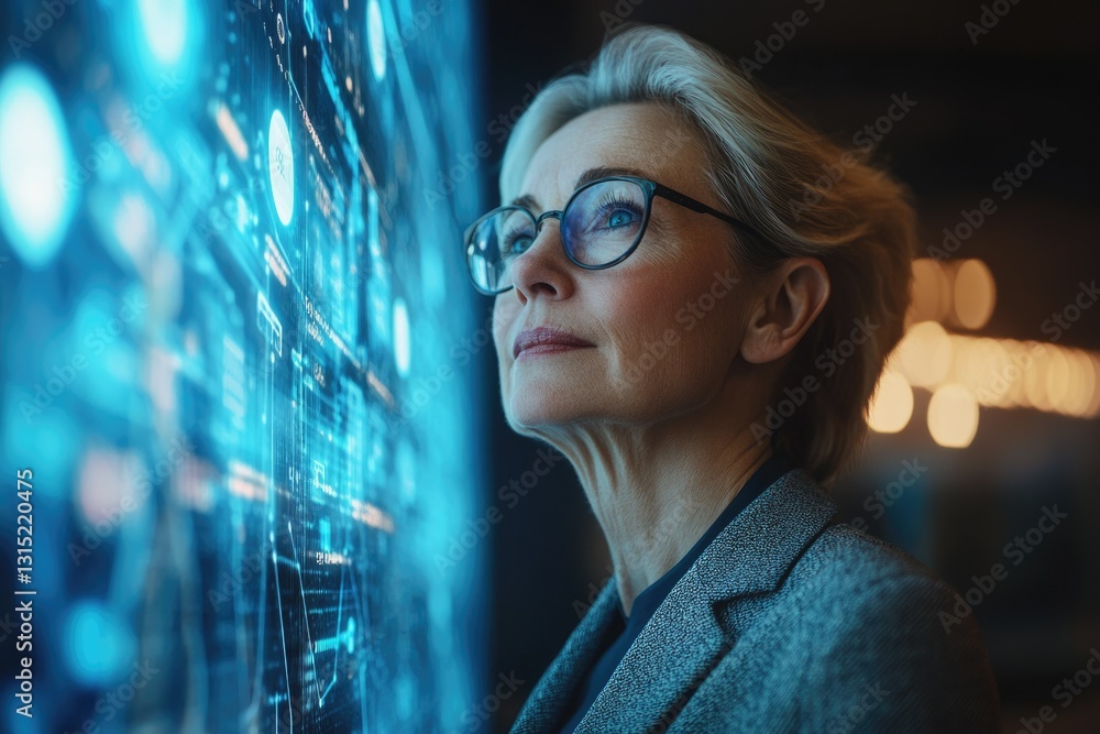 Aufkleber A woman thoughtfully examines a complex digital interface, showcasing technological innovation and data analysis.