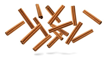 Falling cinnamon sticks isolated on white background