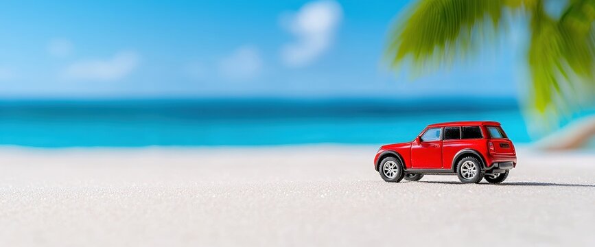 Charming toy car positioned on a sandy beach with waves crashing in the background illustrating playful adventure