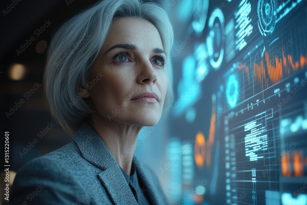 Poster a mature woman thoughtfully observes a futuristic digital interface filled with data visualizations 
