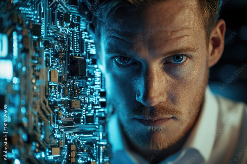 Poster a man's face merges with a circuit board, symbolizing the intersection of human intelligence and tec