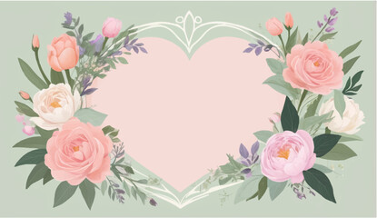 Beautiful Pink Heart Background Vector Design with Female Pink Flowers Frame For Greeting Card, Mother's Day Card, Flower and Heart Design Pastel Colors