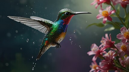 Obraz premium A vibrant hummingbird hovers gracefully near blooming flowers displaying an array of colorful feathers under soft lighting surrounded by gentle mist