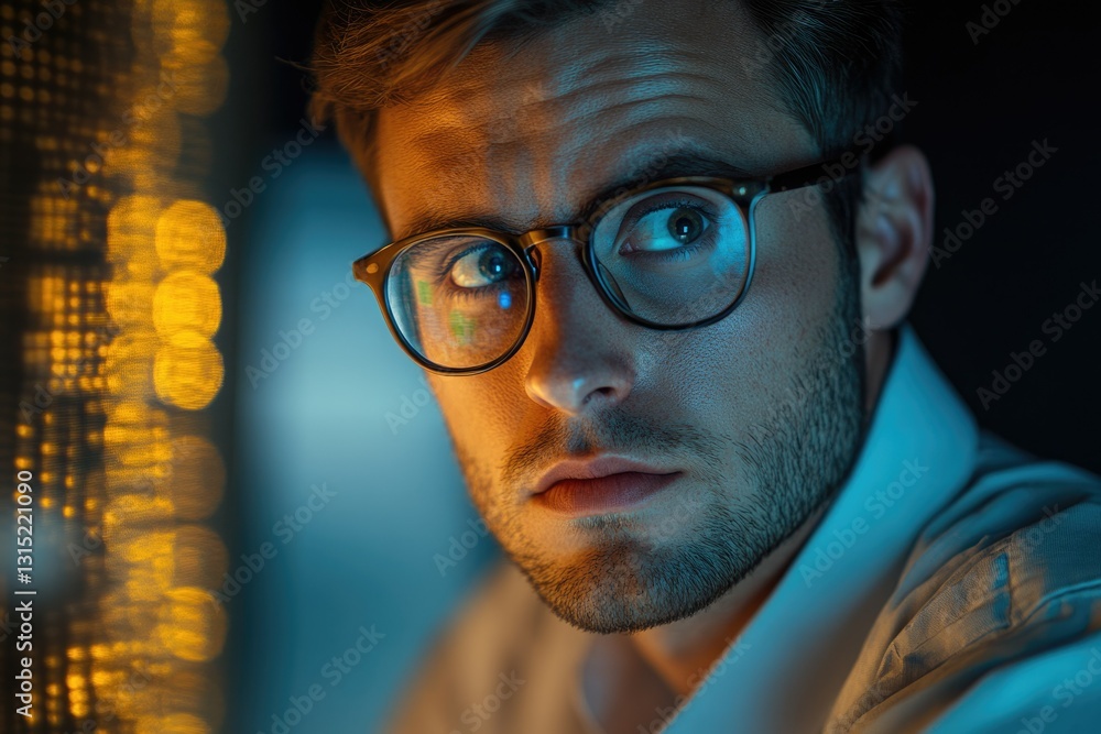 Poster a focused young man with glasses intensely stares at a computer screen, illuminated by ambient light