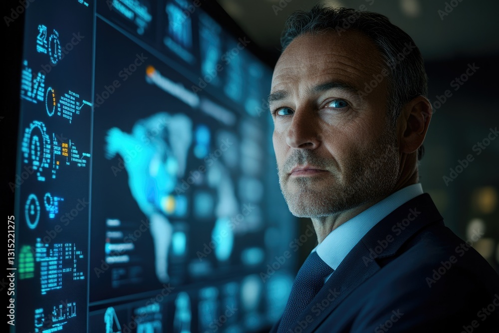 Aufkleber a serious man in a suit looks over his shoulder at a screen filled with global data and charts.