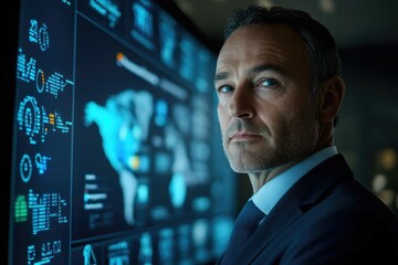 A serious man in a suit looks over his shoulder at a screen filled with global data and charts.