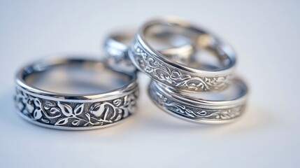 A set of minimalist silver rings with engraved patterns on a white isolated background