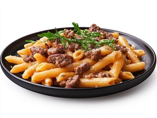 Tasty plate of penne pasta with meat and parisian inspired flavors for an exquisite dining experience