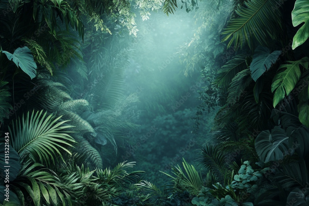 Poster a captivating jungle scene showcasing dense greenery and sunlight filtering through leaves, creating