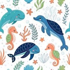 Cute cartoon sea animals underwater ocean pattern design fun life kids baby blue whale coral child