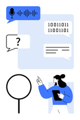 Female figure pointing at digital elements thumbs up voice input, binary code, and text bubbles. Ideal for technology, AI, digital communication, coding, software development, modern interaction
