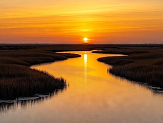 Golden Sunset over Coastal Marsh Waterways
