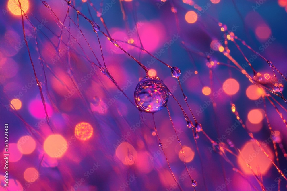 Poster a mesmerizing scene displaying colorful light drops resting on delicate threads, creating an enchant