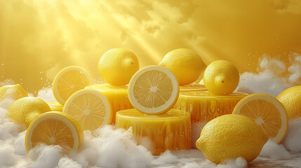 Fresh, vibrant lemons and slices, illuminated by sunlight, displayed on golden podiums amidst a cloud of vapor.