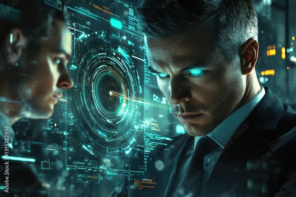 Aufkleber a man in a suit interacts with a futuristic holographic interface, showcasing advanced technology an