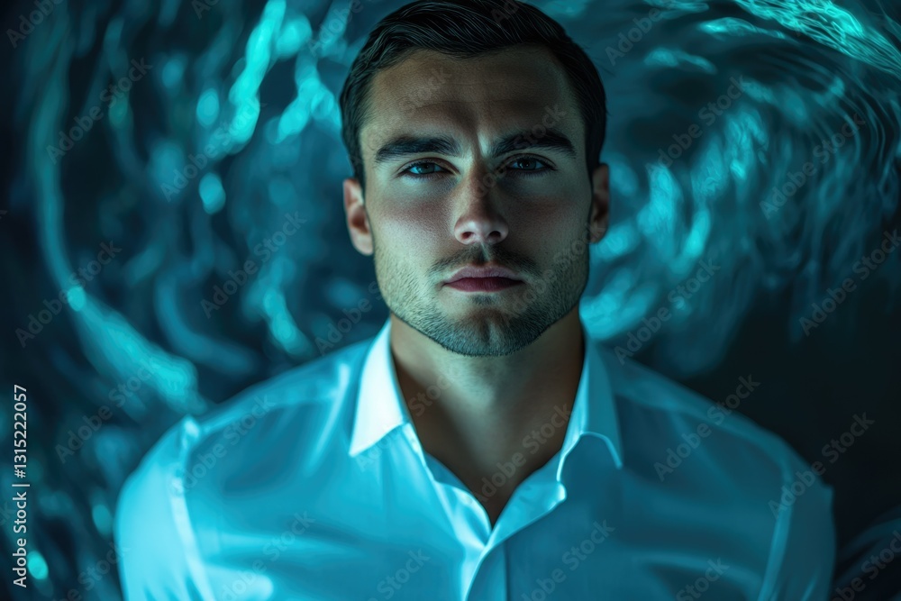 Aufkleber a young man with a serious expression, illuminated by teal light, creating a mysterious and captivat