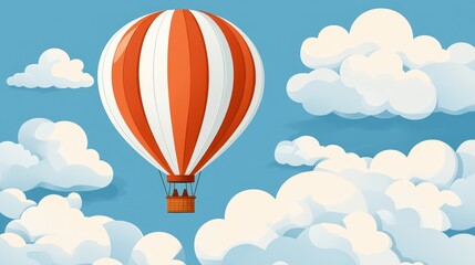 Red and white striped hot air balloon floats amidst fluffy clouds in a clear blue sky.