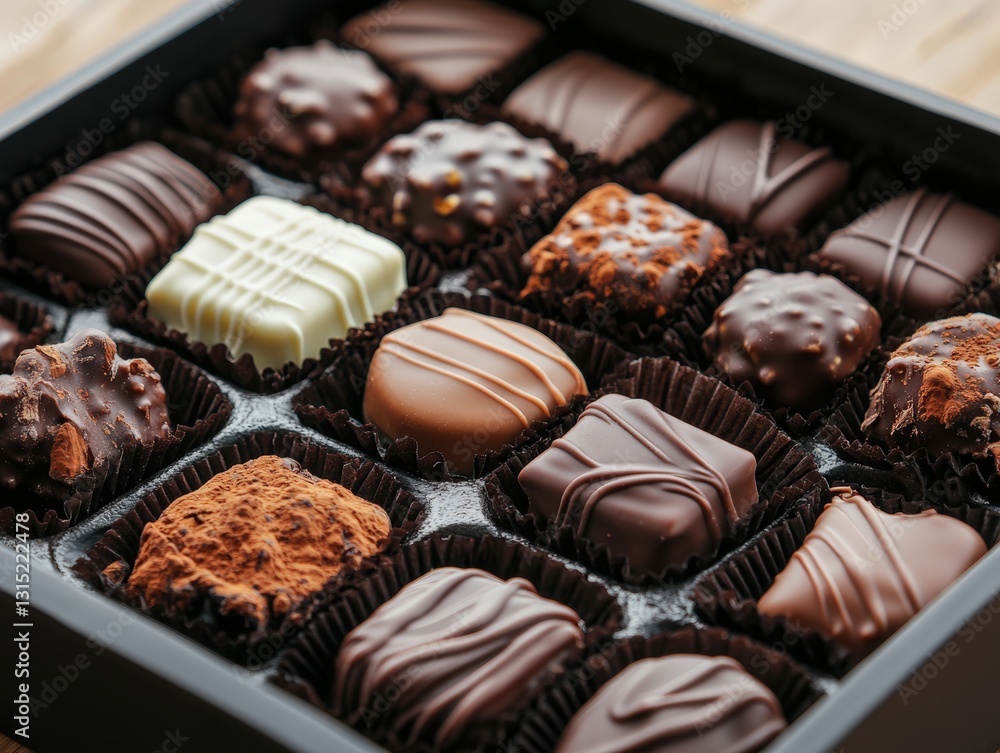 Poster luxurious box of chocolates showcasing an array of flavors perfect for gifting or treating yourself 