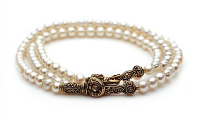 Obraz premium A close-up of a vintage pearl necklace with a gold clasp on a white isolated background