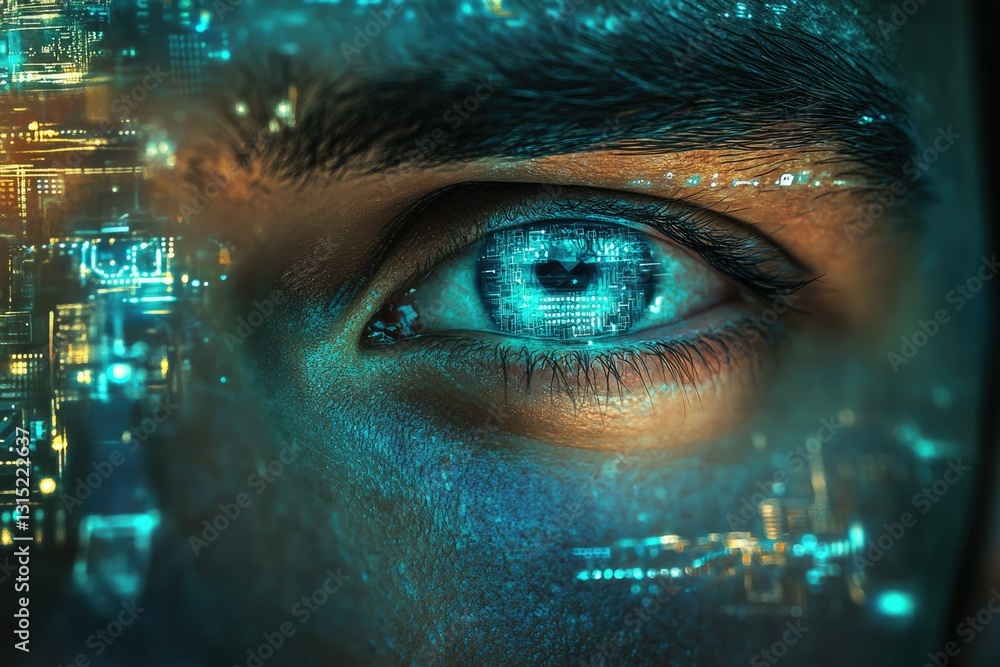 Aufkleber A close-up of a human eye overlaid with futuristic circuit board patterns, symbolizing technological integration with humanity.