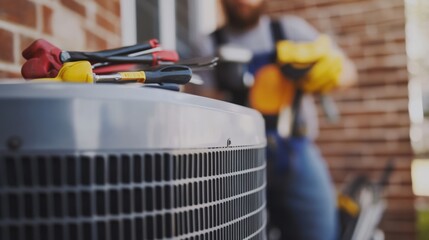 Fototapeta premium HVAC technician servicing outdoor unit with tools.