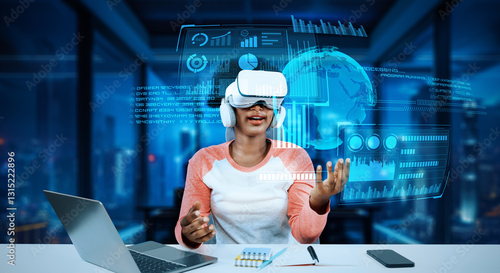 Poster girl using laptop and augmented glasses connecting metaverse while doing homework at table by using 