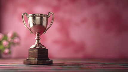 Elegant gold trophy on a wooden stand against a pink backdrop.