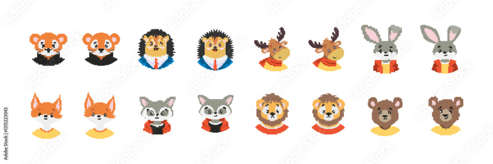 Poster collection of charming pixel art animals dressed in diverse outfits with distinct patterns and color
