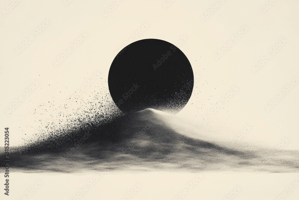 Aufkleber this minimalist graphic features a large black circle rising over a textured sandy surface, creating