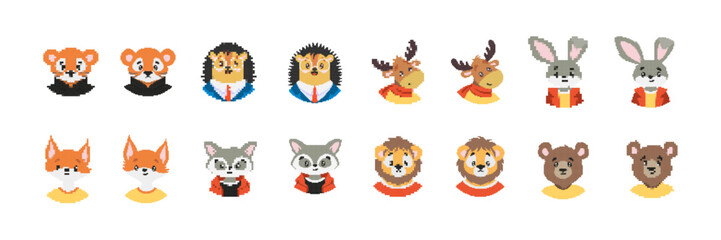 Obraz premium Collection of charming pixel art animals dressed in diverse outfits with distinct patterns and colors.