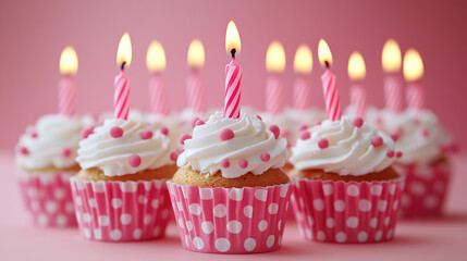 Birthday cupcakes with lit candles