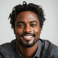 Obraz premium Smiling Black Man with Joyful Expression: Portrait of Confidence and Elegance in Casual Attire