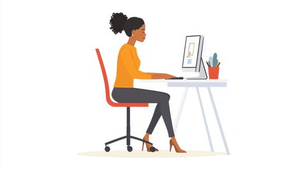 A woman working as a graphic designer, sitting at a desk with a computer and sketching on a white isolated background