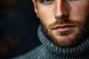 Obraz premium Close-up of a man's face, showcasing his beard, freckles, and a turtleneck sweater.
