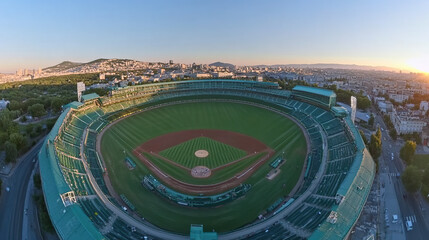 High-angle panoramic view of a baseball stadium at sunset, with surrounding city