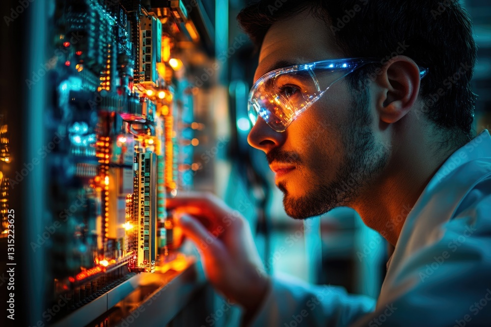 Poster a focused engineer meticulously examines a complex circuit board, illuminated by vibrant hues.