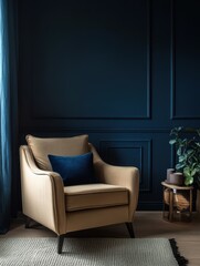 A beige armchair with a blue cushion is shown indoors