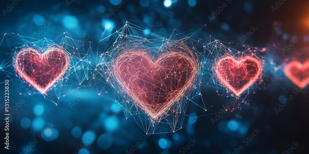 Poster glowing hearts with sparkling particles in a digital abstract background of red and blue