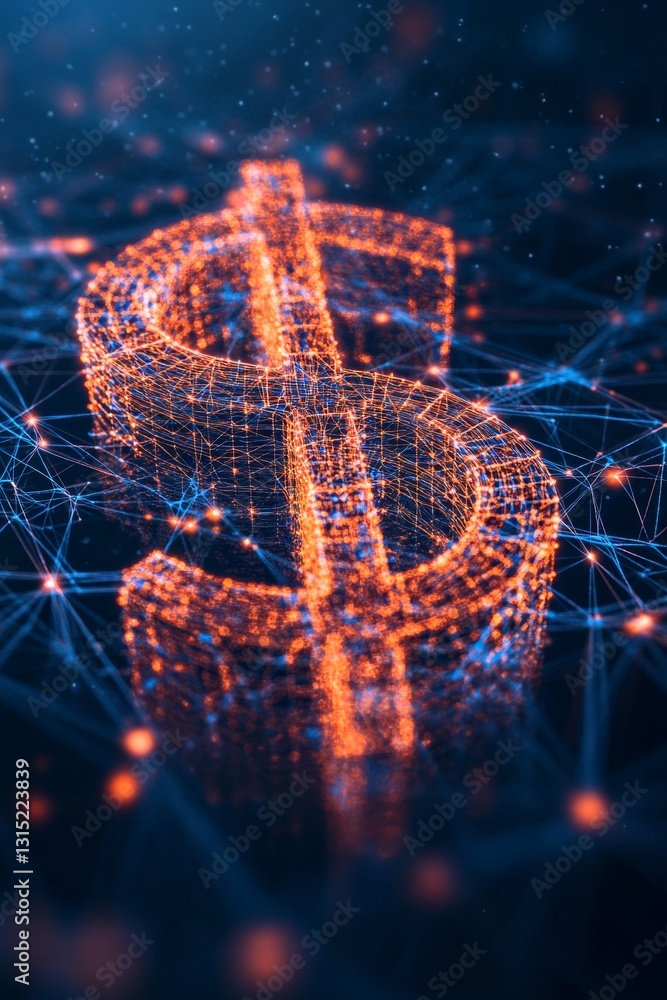 Poster illuminated digital dollar symbol representing financial network and technology concepts