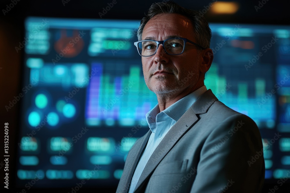 Poster A confident businessman stands before a large screen displaying complex data visualizations.