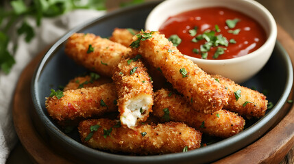 Fototapeta premium Mozzarella sticks coated with a spicy and crunchy layer, served with a tangy dipping sauce, perfect for starting a meal with a kick.