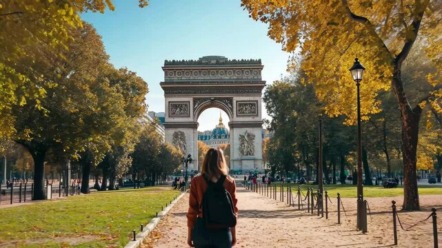 Tourist enjoying a serene walk in a Paris park with autumn foliage near a famous landmark, Attractive tourist walking in a parisian park near the arch
