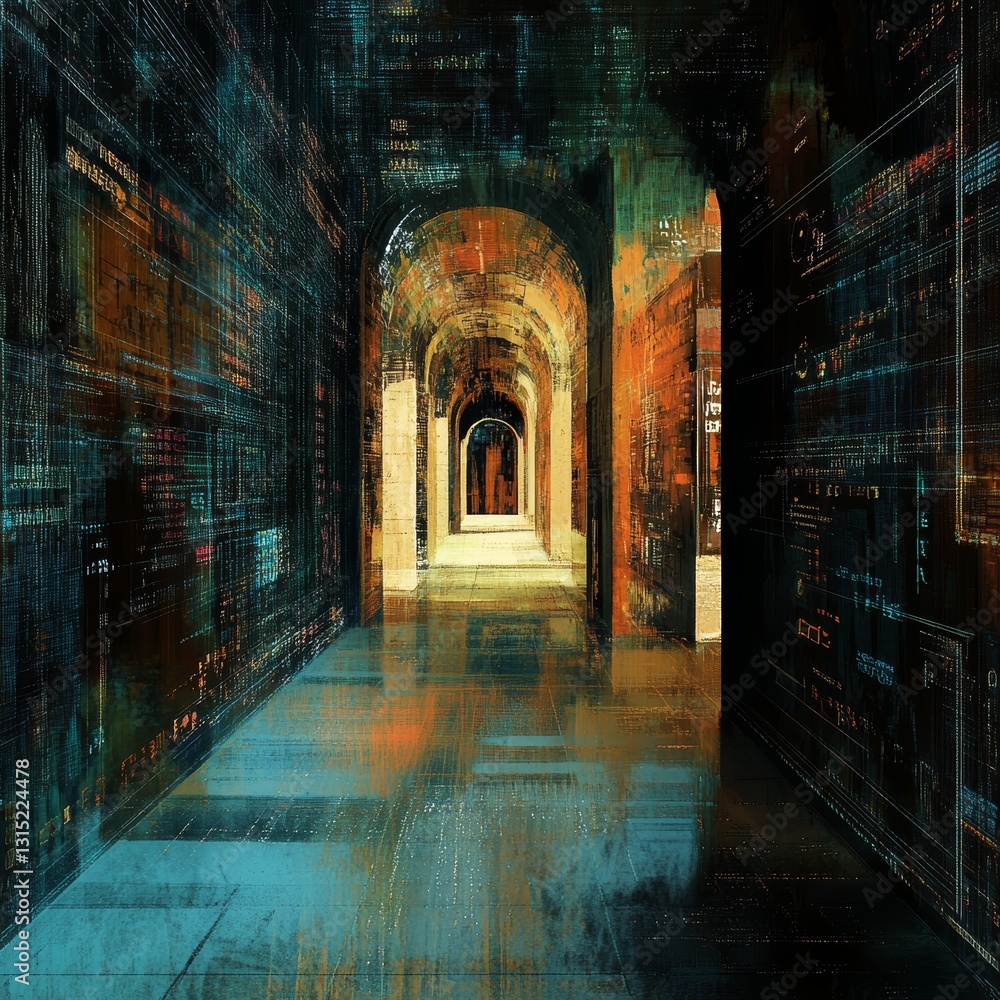Poster an abstract representation of a digital corridor featuring data streams and colorful light effects, 